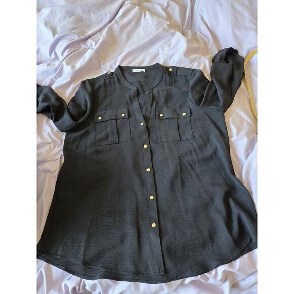 Calvin Klein Womens Large Black Button Down Chiffon Work Career Top Gold Buttons - Picture 7 of 7